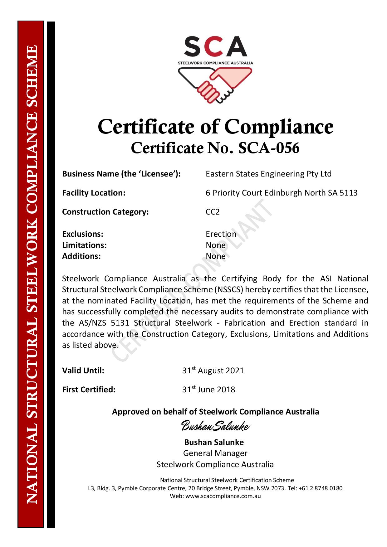 SCA-056 Certificate of Compliance Eastern States Engineering Edinburgh Branch 31.08.2021-page-001