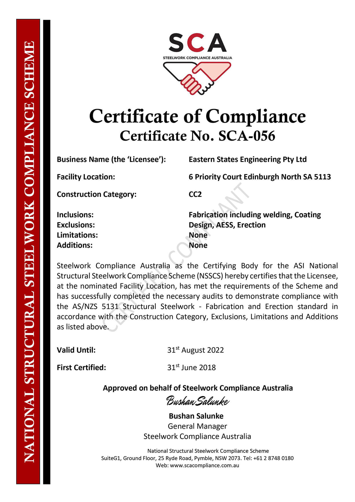 sca 056 cc2 certificate of compliance ese adelaide