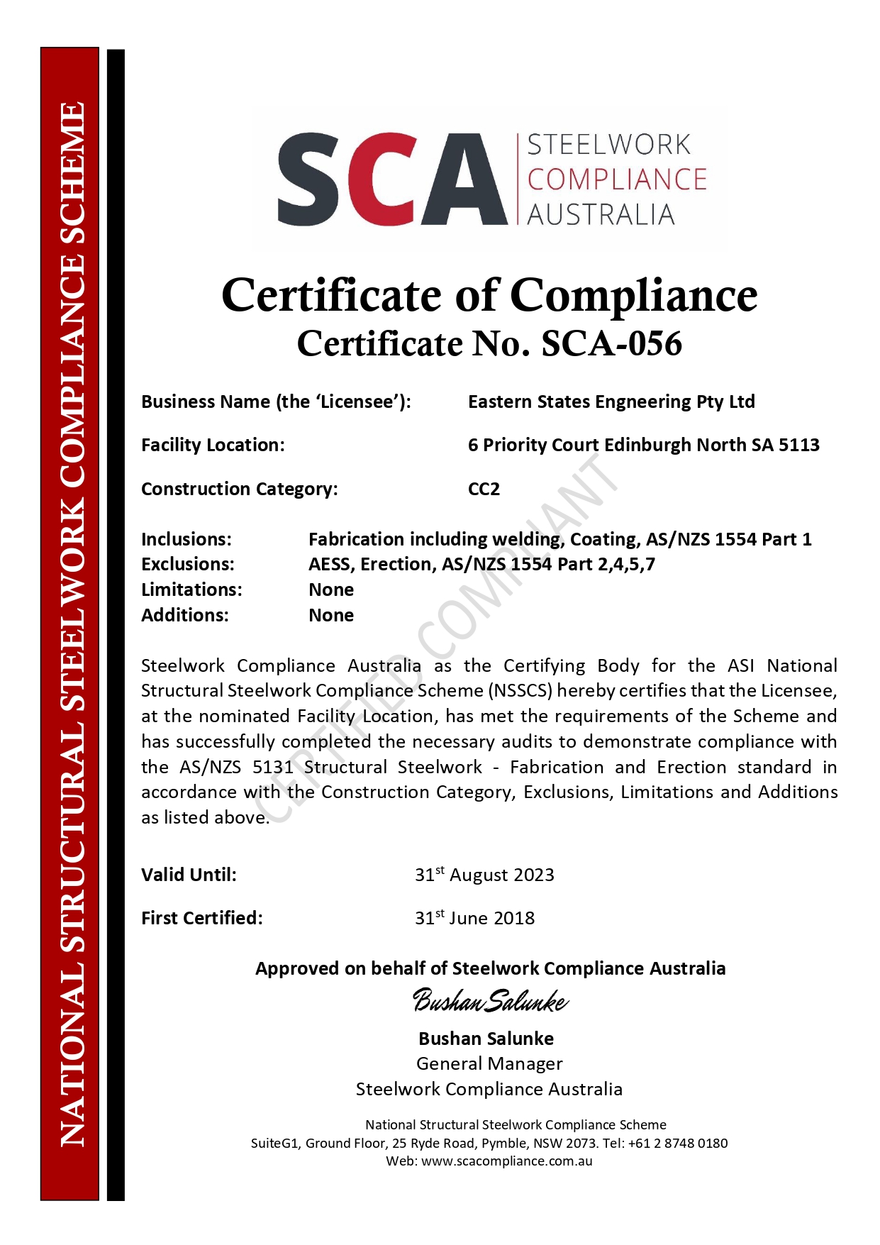SCA-056 CC2 Certificate of Compliance ESE Adelaide 31-08-2023_page-0001