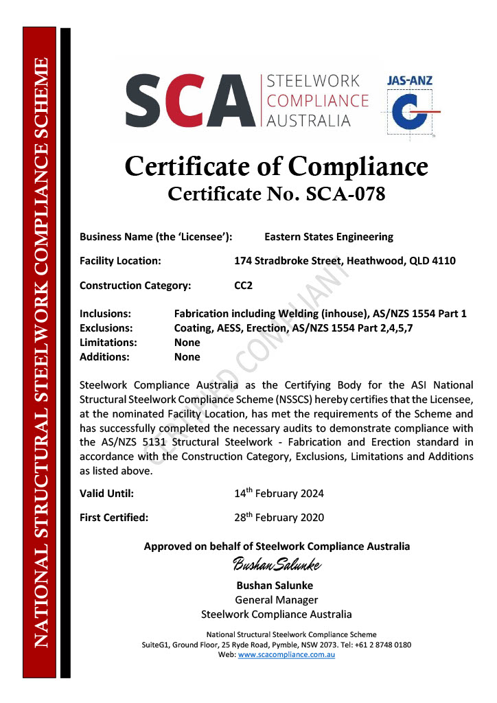SCA-078 CC2 Certificate of Compliance Eastern States Eng-Qld
