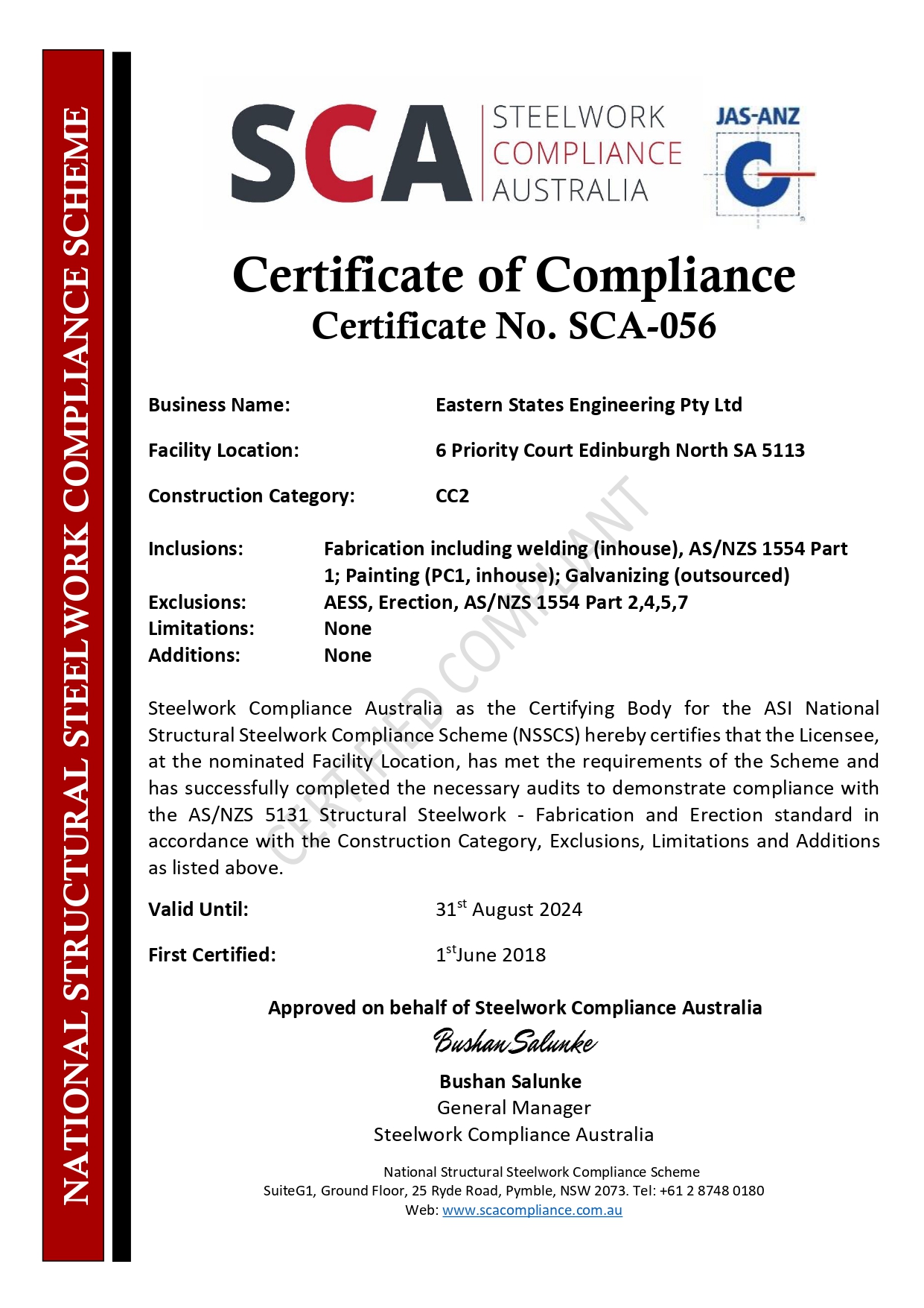 SCA-056 CC2 Certificate of Compliance Eastern States SA 31-08-2024